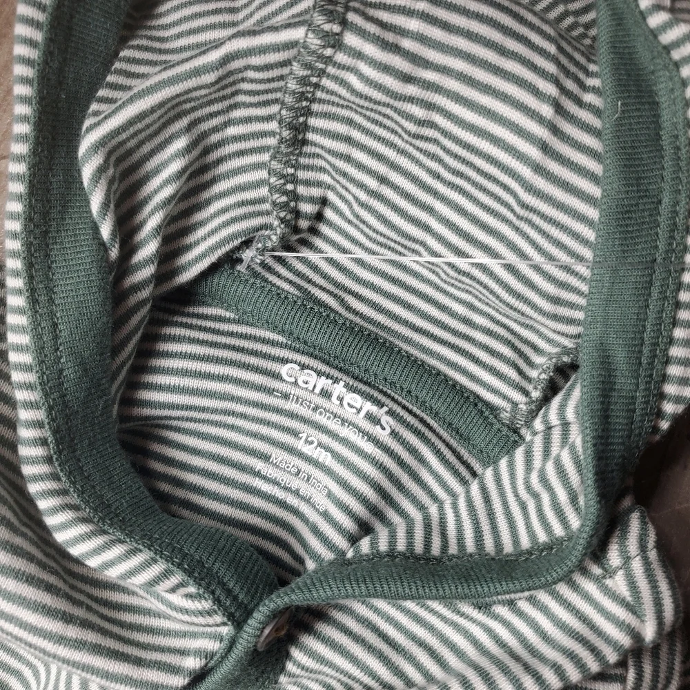 NWT Carter's Green and White Striped Hoodie Cotton Onesie Bodysuit Size 12m